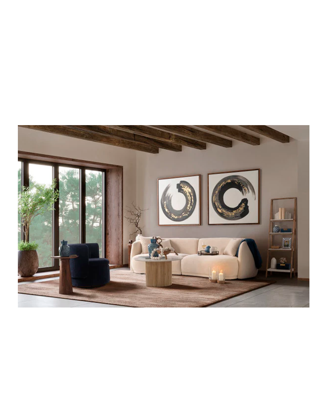 WOOD / MARBLE 34'' D REEDED COFFEE TABLE, KD 2 BOXES