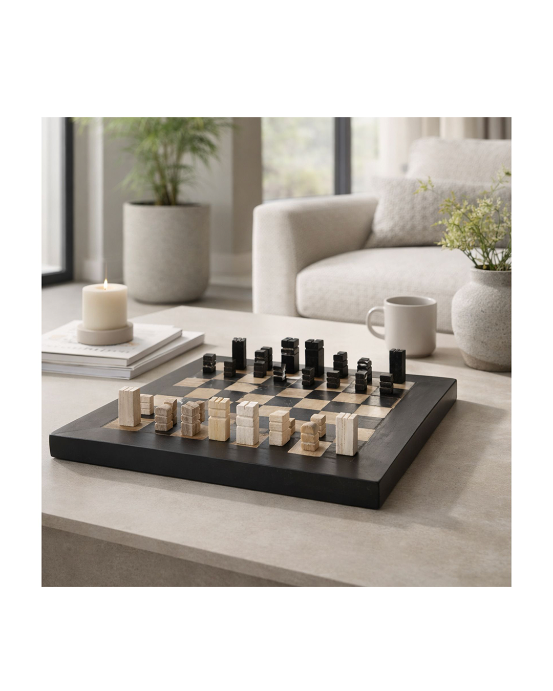 PETRIFIED WOOD CHESS SET, BLACK / IVORY