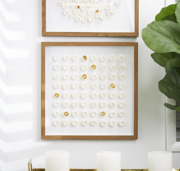 WHITE PAPER MACHE GEOMETRIC HANDMADE 3D MOLDED ART SHADOW BOX WITH GOLD ACCENTS AND WOODEN FRAME/ -30%