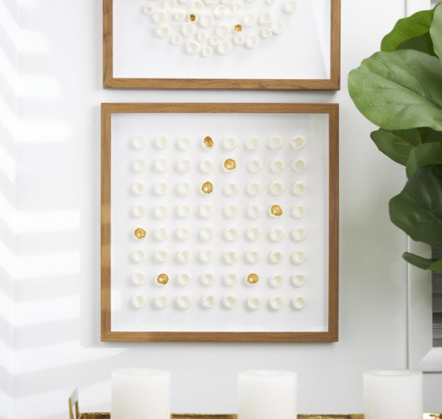 WHITE PAPER MACHE GEOMETRIC HANDMADE 3D MOLDED ART SHADOW BOX WITH GOLD ACCENTS AND WOODEN FRAME