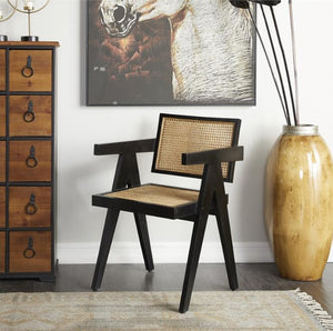 DARK BROWN TEAK WOOD HANDMADE ACCENT CHAIR WITH WOVEN CANE SEAT