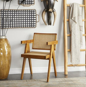 DARK BROWN TEAK WOOD HANDMADE ACCENT CHAIR WITH WOVEN CANE SEAT