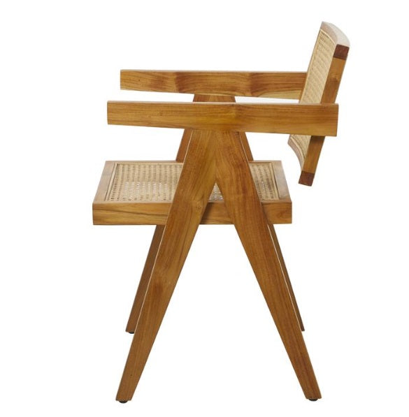 DARK BROWN TEAK WOOD HANDMADE ACCENT CHAIR WITH WOVEN CANE SEAT