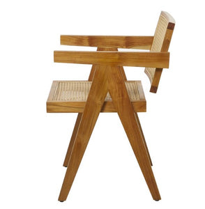 DARK BROWN TEAK WOOD HANDMADE ACCENT CHAIR WITH WOVEN CANE SEAT