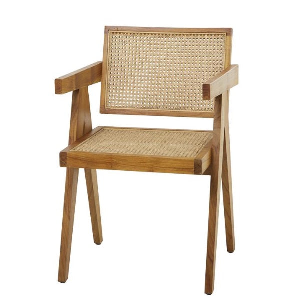 DARK BROWN TEAK WOOD HANDMADE ACCENT CHAIR WITH WOVEN CANE SEAT