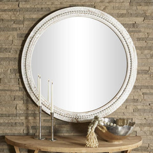 WHITE WOOD CARVED WOOD WALL MIRROR WITH WHITEWASHED BEADED FRAME, 36" X 2" X 36"