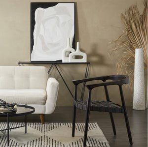 DARK BROWN TEAK WOOD HANDMADE WOVEN DINING CHAIR WITH ARMRESTS