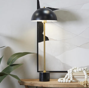 BLACK METAL UMBRELLA STYLE DESK LAMP WITH MARBLE BASE, 10" X 10" X 28"