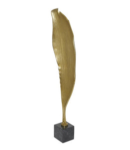 GOLD ALUMINUM ABSTRACT TEXTURED LEAF SCULPTURE WITH BLACK MARBLE BASE