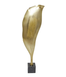 GOLD ALUMINUM ABSTRACT TEXTURED LEAF SCULPTURE WITH BLACK MARBLE BASE