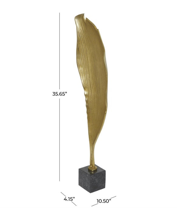 GOLD ALUMINUM ABSTRACT TEXTURED LEAF SCULPTURE WITH BLACK MARBLE BASE
