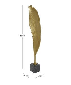 GOLD ALUMINUM ABSTRACT TEXTURED LEAF SCULPTURE WITH BLACK MARBLE BASE