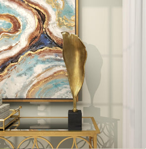 GOLD ALUMINUM ABSTRACT TEXTURED LEAF SCULPTURE WITH BLACK MARBLE BASE
