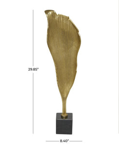 GOLD ALUMINUM ABSTRACT TEXTURED LEAF SCULPTURE WITH BLACK MARBLE BASE