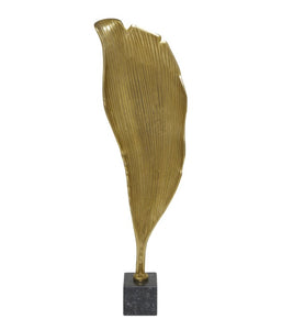 GOLD ALUMINUM ABSTRACT TEXTURED LEAF SCULPTURE WITH BLACK MARBLE BASE