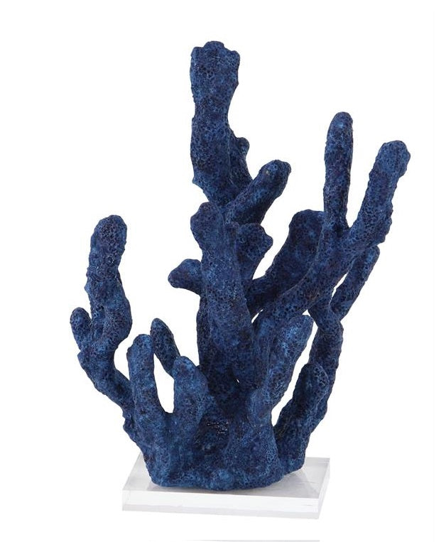 BLUE POLYSTONE CORAL TEXTURED POROUS SCULPTURE WITH ACRYLIC BASE, 10" X 9" X 13"