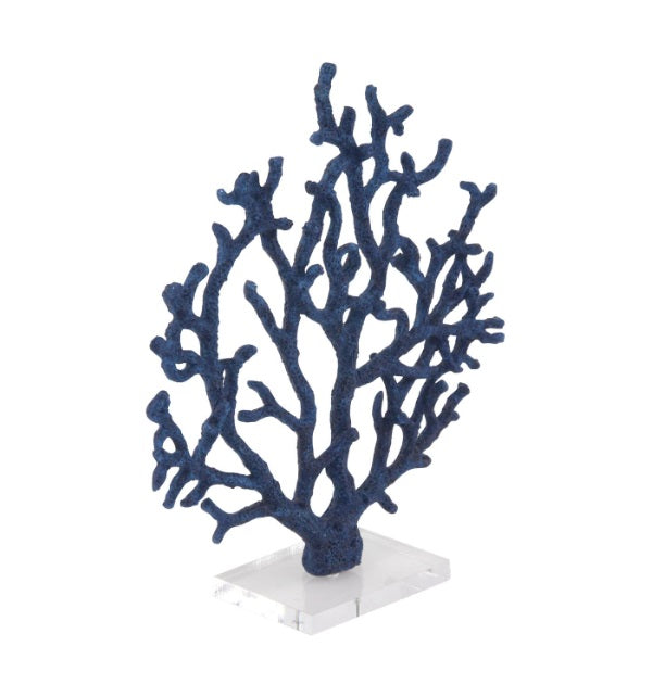 BLUE POLYSTONE CORAL TEXTURED POROUS SCULPTURE WITH ACRYLIC BASE, 14" X 4" X 16"