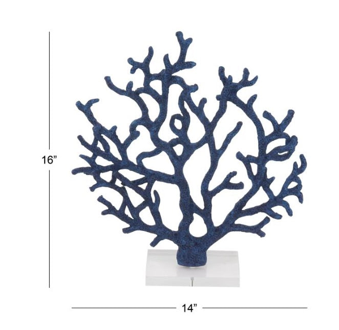 BLUE POLYSTONE CORAL TEXTURED POROUS SCULPTURE WITH ACRYLIC BASE, 14" X 4" X 16"