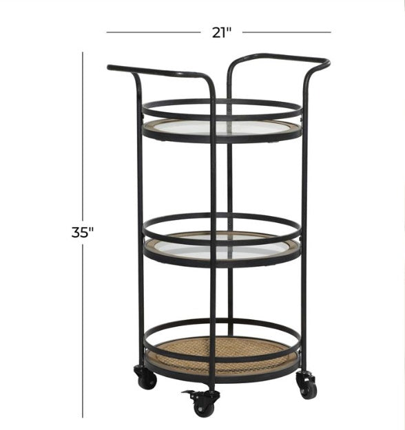 BROWN METAL ROLLING 1 RATTAN AND 2 GLASS SHELVES BAR CART WITH HANDLES, 21" X 16" X 35"