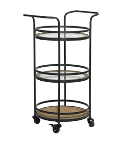 BROWN METAL ROLLING 1 RATTAN AND 2 GLASS SHELVES BAR CART WITH HANDLES, 21" X 16" X 35"