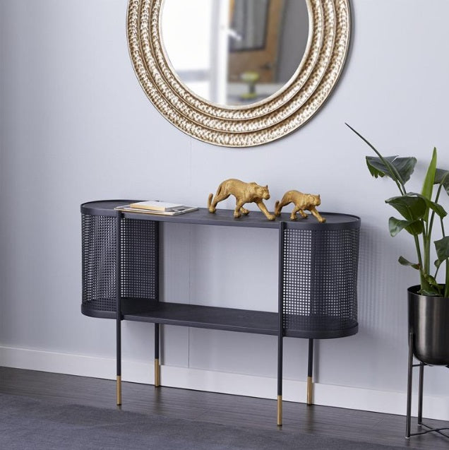 BLACK METAL MESH SIDE PANEL 1 SHELF CONSOLE TABLE WITH OPEN CENTER STORAGE, 47" X 15" X 32"