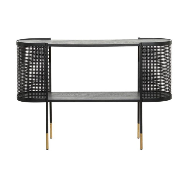 BLACK METAL MESH SIDE PANEL 1 SHELF CONSOLE TABLE WITH OPEN CENTER STORAGE, 47" X 15" X 32"