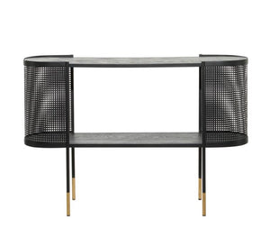 BLACK METAL MESH SIDE PANEL 1 SHELF CONSOLE TABLE WITH OPEN CENTER STORAGE, 47" X 15" X 32"