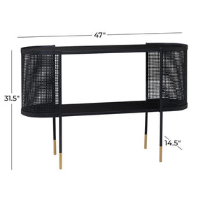 BLACK METAL MESH SIDE PANEL 1 SHELF CONSOLE TABLE WITH OPEN CENTER STORAGE, 47" X 15" X 32"