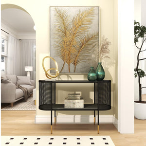 BLACK METAL MESH SIDE PANEL 1 SHELF CONSOLE TABLE WITH OPEN CENTER STORAGE, 47" X 15" X 32"