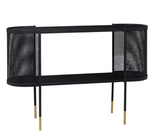 BLACK METAL MESH SIDE PANEL 1 SHELF CONSOLE TABLE WITH OPEN CENTER STORAGE, 47" X 15" X 32"