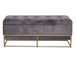 GRAY METAL STORAGE BENCH WITH GOLD BASE, 44" X 17" X 19"