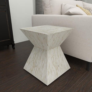 BEIGE MOTHER OF PEARL HANDMADE HOURGLASS SHAPED ACCENT TABLE, 16" X 16" X 19"