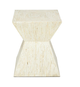 BEIGE MOTHER OF PEARL HANDMADE HOURGLASS SHAPED ACCENT TABLE, 16" X 16" X 19"