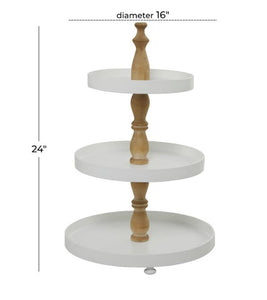 WHITE WOOD 3 LEVEL TIERED SERVER WITH WOOD POST, 16" X 16" X 24"