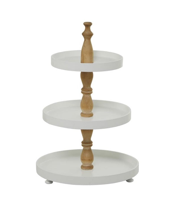 WHITE WOOD 3 LEVEL TIERED SERVER WITH WOOD POST, 16" X 16" X 24"