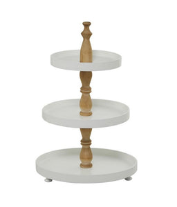 WHITE WOOD 3 LEVEL TIERED SERVER WITH WOOD POST, 16" X 16" X 24"