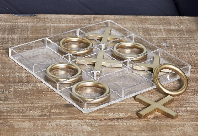 GOLD METAL TIC TAC TOE GAME SET WITH GOLD PIECES, 12" X 12" X 1"