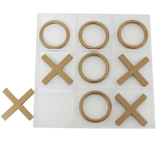 GOLD METAL TIC TAC TOE GAME SET WITH GOLD PIECES, 12" X 12" X 1"