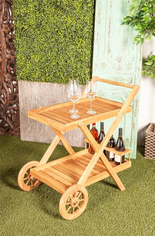 BROWN TEAK WOOD INDOOR OUTDOOR ROLLING 2 SHELVES BAR CART WITH WHEELS AND HANDLE, 32" X 21" X 32"