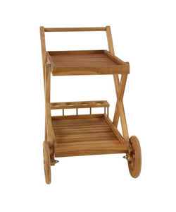 BROWN TEAK WOOD INDOOR OUTDOOR ROLLING 2 SHELVES BAR CART WITH WHEELS AND HANDLE, 32" X 21" X 32"