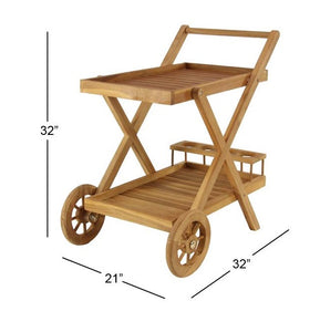 BROWN TEAK WOOD INDOOR OUTDOOR ROLLING 2 SHELVES BAR CART WITH WHEELS AND HANDLE, 32" X 21" X 32"