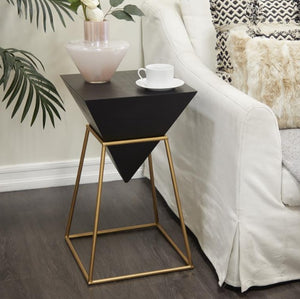 BLACK WOOD GEOMETRIC INVERTED PYRAMID ACCENT TABLE WITH GOLD METAL FRAME, 14" X 14" X 24"