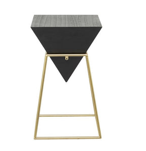 BLACK WOOD GEOMETRIC INVERTED PYRAMID ACCENT TABLE WITH GOLD METAL FRAME, 14" X 14" X 24"