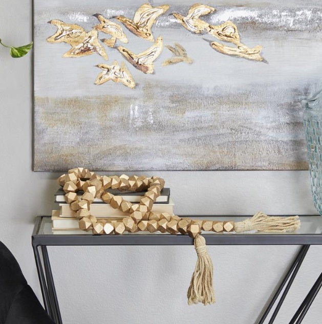GOLD MANGO WOOD GEOMETRIC HANDMADE BEADED GARLAND WITH TASSEL, 1" X 1" X 80"