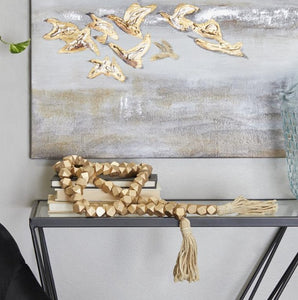GOLD MANGO WOOD GEOMETRIC HANDMADE BEADED GARLAND WITH TASSEL, 1" X 1" X 80"