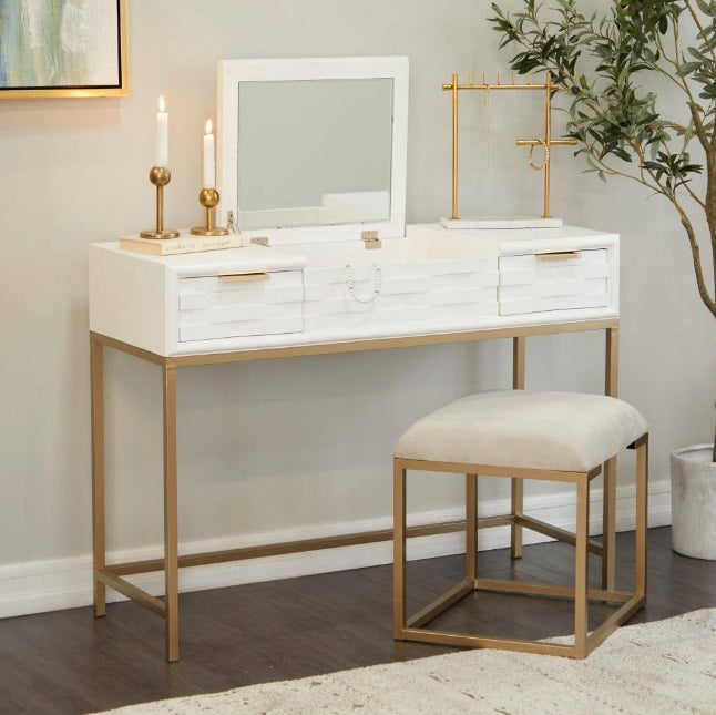 White Wood Vanity with Stool with Hidden Mirror
