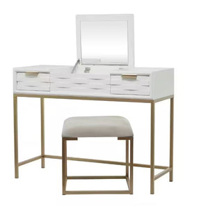 White Wood Vanity with Stool with Hidden Mirror