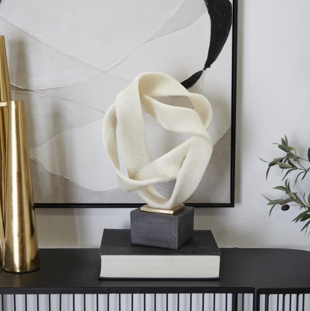 WHITE POLYSTONE ABSTRACT RIBBON LINE SCULPTURE WITH BLACK BASE, 11" X 9" X 17"