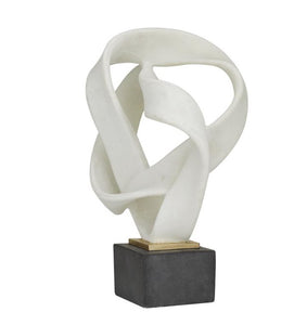 WHITE POLYSTONE ABSTRACT RIBBON LINE SCULPTURE WITH BLACK BASE, 11" X 9" X 17"