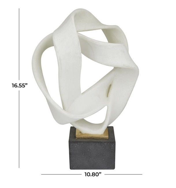 WHITE POLYSTONE ABSTRACT RIBBON LINE SCULPTURE WITH BLACK BASE, 11" X 9" X 17"